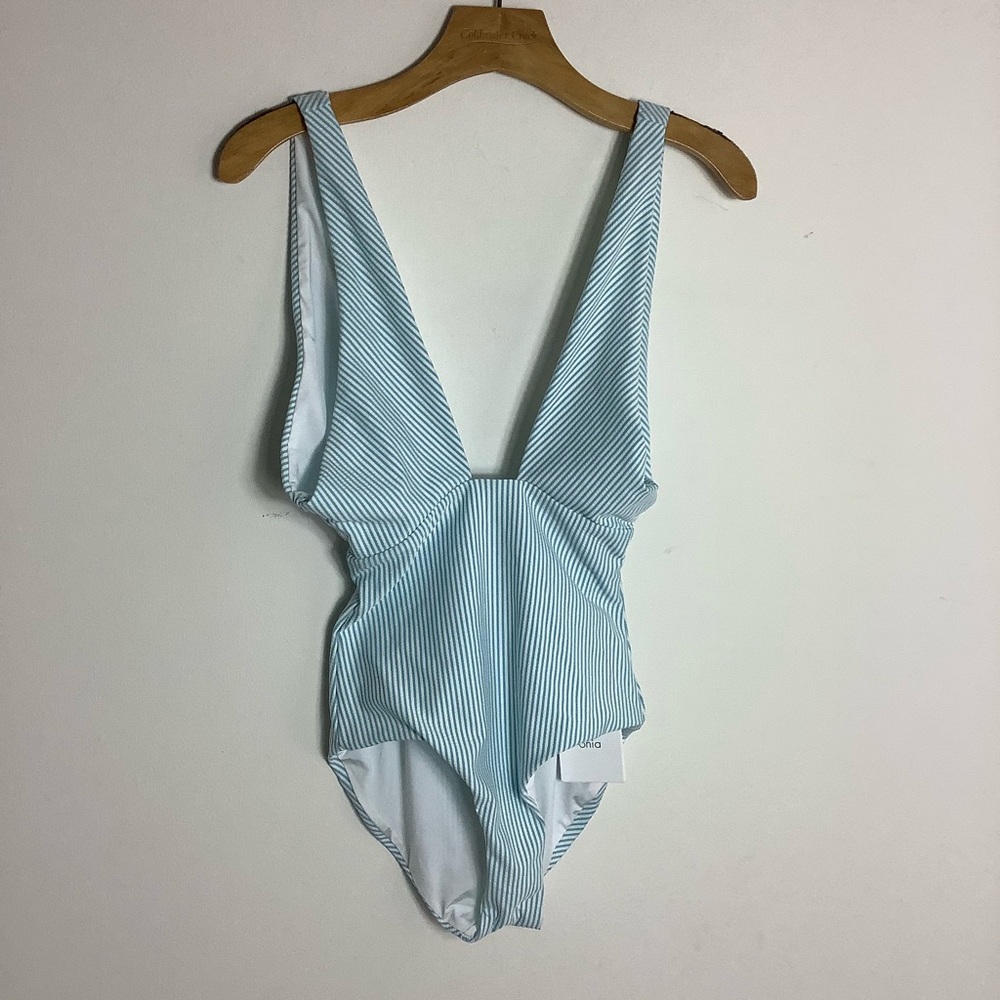 Onia Deep Vee Seersucker Blue one piece Swimsuit